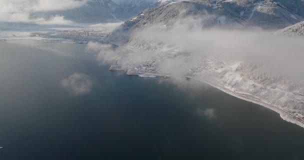 Wide Drone Tilting Zell See Lake Zell Snow Covered Mountains — Stock videók