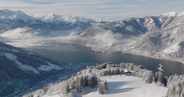 Wide Drone Arcing Snow Covered Mountains Zell See Kaprun Lake — Stockvideo