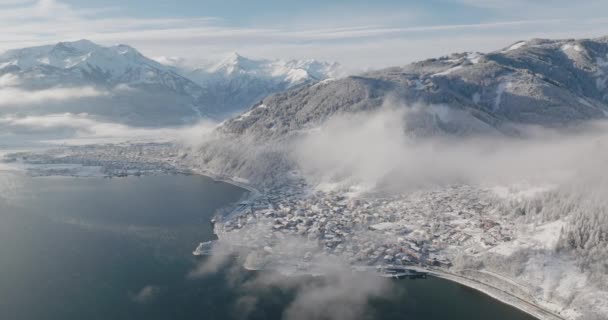 Široký Obloukový Dron Nad Zasněženými Horami Zell See Kaprun Lake — Stock video