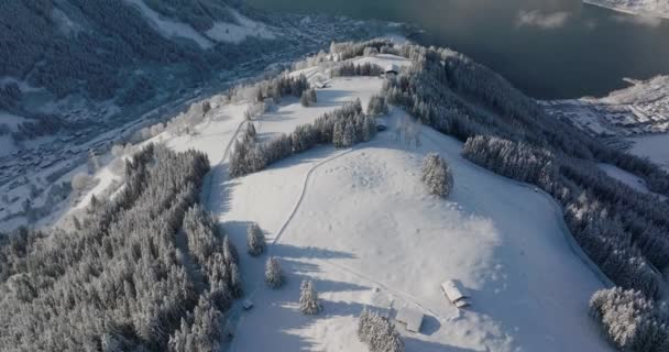 Wide Drone Snow Covered Mountain Peak Ski Resort Lake Zell — Stockvideo