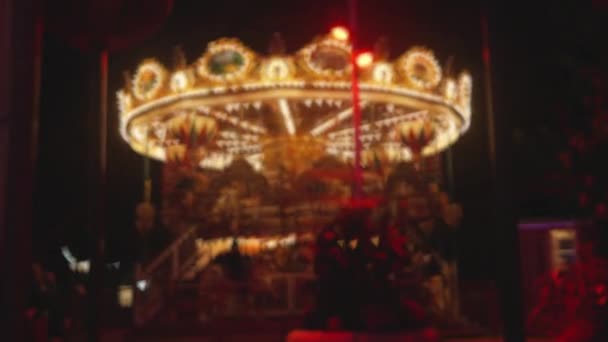 Illuminated Merry Carousel Rotating Amusement Park Night Holidays Atmosphere Blurred — Stock Video