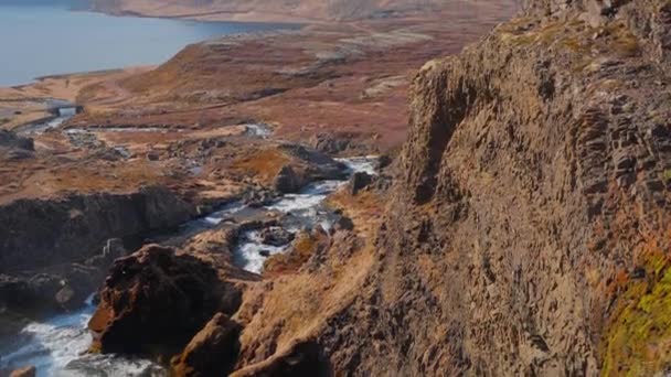 View Mountain Valley Fjord Dynjandi Falls Westfjords Island Nádherná Příroda — Stock video