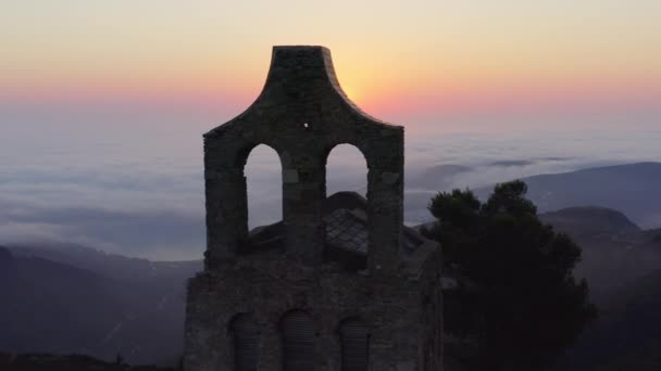 Wide Drone Shot Sun Rising Ruins Sant Pere Rodes Benedictine — Stock Video