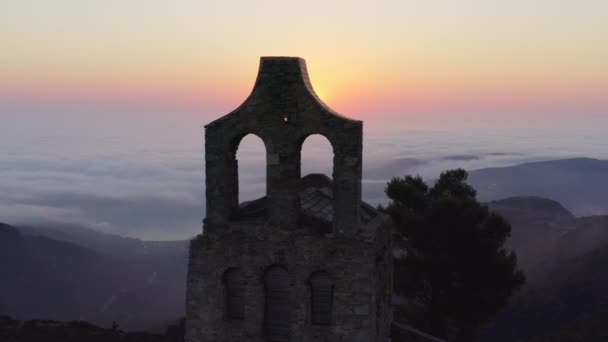 Wide Drone Shot Sun Rising Ruïnes Van Sant Pere Rodes — Stockvideo