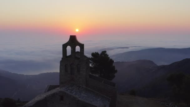 Široký Dron Východ Slunce Nad Troskami Sant Pere Rodes Benediktinský — Stock video
