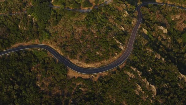 Overhead Drone Flight Winding Road Sant Pere Rodes Benedictine Monastery — стокове відео