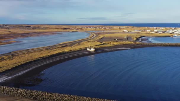 Aerial Bay Few Ships Bayside Road Icelandic Coast Beautiful Seascape — Stock Video