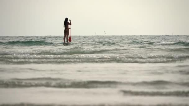 Wide Slow Motion Lockdown Shot Woman Standing Paddleboard Rowing Out — Stock Video