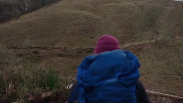 Tourist Backpack Enjoys View Red Brick Tower Top Himmelbjerget Hill — Video Stock