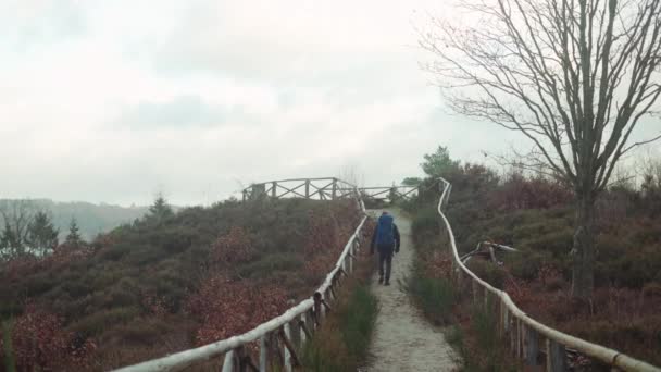 丹麦Himmelbjerget地区的游客 带着巨大的背包和木制栅栏沿着小路走向一个观察点 慢动作射击 — 图库视频影像