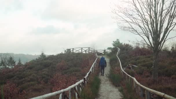 Turista Con Zaino Enorme Passeggiate Lungo Sentiero Con Recinzione Legno — Video Stock