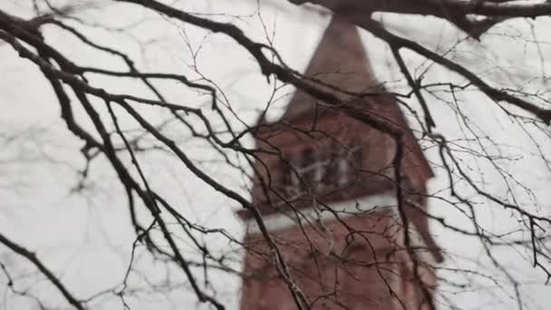View Swaying Bald Tree Branches Red Brick Tower Top Himmelbjerget — Stock video