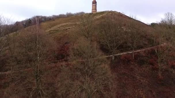 Aerial Red Brick Tower Top Himmelbjerget Hill Denmark Wide Panoramic — ストック動画