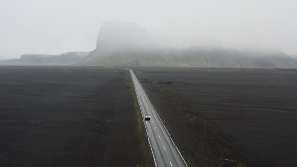 Aerial Car Driving Asphalt Road Black Lava Fields Surreal Landscape — Stok video