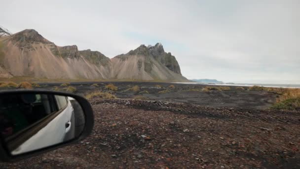 Pov Shot Car Window Driving Lava Lands Mountains Iceland Overcast — ストック動画