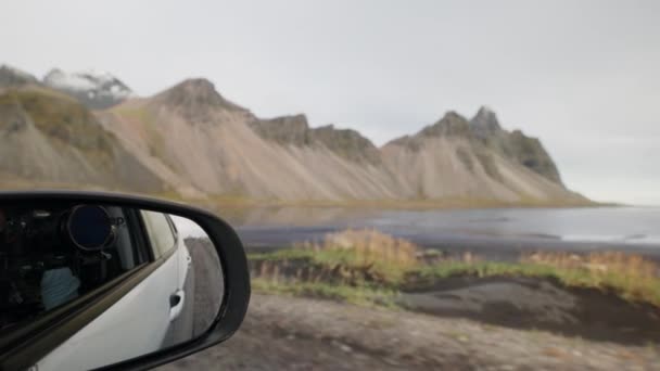 View Moving Car Window Lake Mountains Iceland Overcast Day Reflection — Stock video