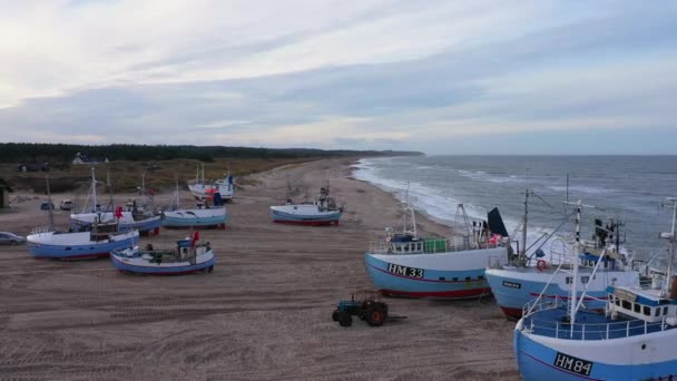 Aerial Fishing Boats Standing Ashore Sandy Beach Overcast Day Dolly — Stock videók