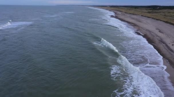 Aerial Sandy Coastline Waves Crashing Shore Beautiful Seascape Tilt Shot — Stockvideo