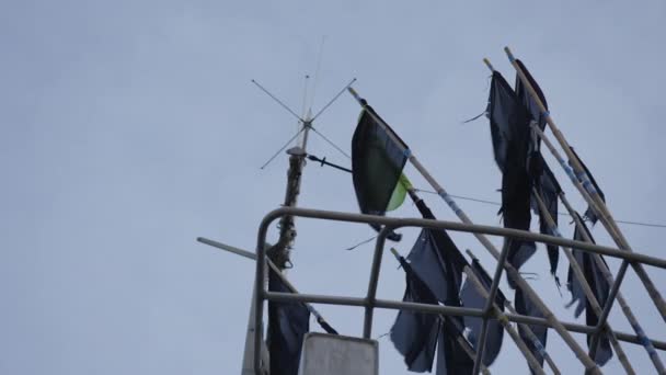 Many Flags Fishing Boat Swaying Wind Overcast Sky Bottom View — Stockvideo