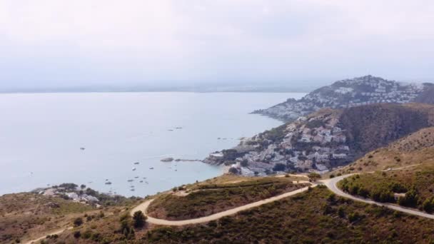 Aerial Curving Road Mountains Famous Coastal Town Roses Spain Amazing — 图库视频影像