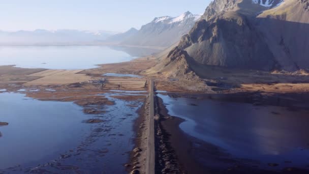 Aerial Empty Dirt Road Fjord Mountains Iceland Stunning Landscape Camera — Stock Video