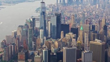 Aerial View of a New York Manhattan Financial District Filmed From a Helicopter. Urban Cityscape. Panoramic Shot