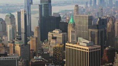 Aerial View of a New York Manhattan Skyscrapers Filmed From a Helicopter. Urban Cityscape. Panoramic Panning Shot