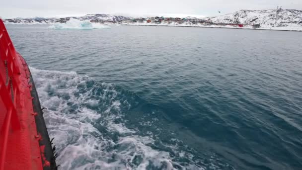 Slow Motion Wide Shot Boat Ice Sea Coastline Greenland — Video