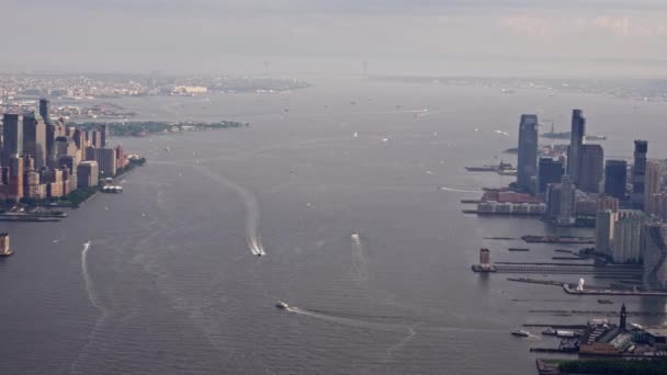 Aerial View New York Manhattan Filmed Helicopter Urban Cityscape Wide — 비디오
