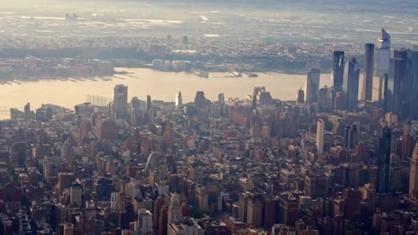 Aerial View New York Manhattan Financial District Filmed Helicopter Sunset — 비디오