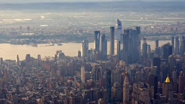 Aerial View New York Manhattan Financial District Filmed Helicopter Sunset — 비디오