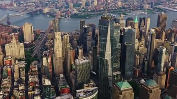 Aerial View New York Manhattan Financial District Filmed Helicopter Urban — Αρχείο Βίντεο