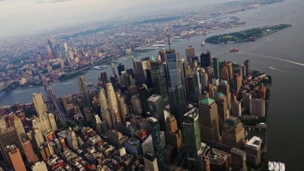Aerial View New York Manhattan Financial District Filmed Helicopter Urban — Vídeo de Stock