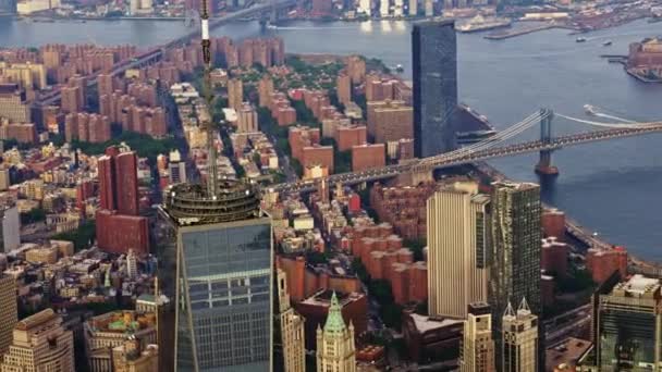 Aerial View New York Manhattan Financial District Skyscrapers Filmed Helicopter — Vídeo de Stock