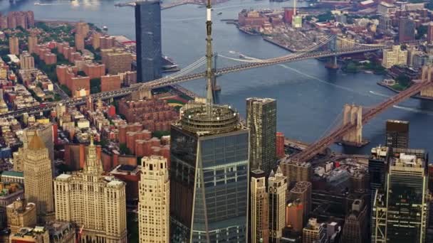 Aerial View New York Manhattan Financial District Skyscrapers Filmed Helicopter — Αρχείο Βίντεο