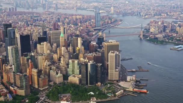 Aerial View New York Manhattan Financial District Filmed Helicopter Urban — Αρχείο Βίντεο