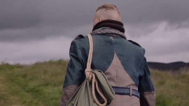 Back Portrait Stylish Man Scarf Sack Bag His Shoulder Walks — Video