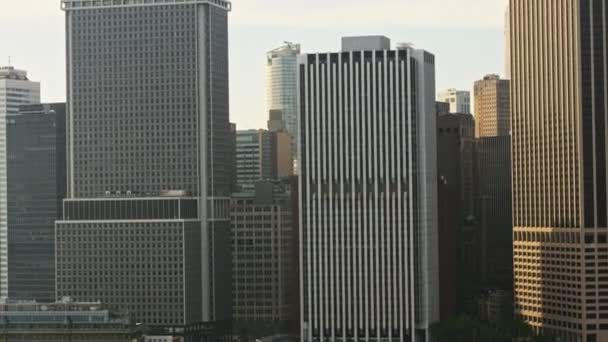 Aerial View New York Manhattan Financial District Skyscrapers Filmed Helicopter — Stock Video