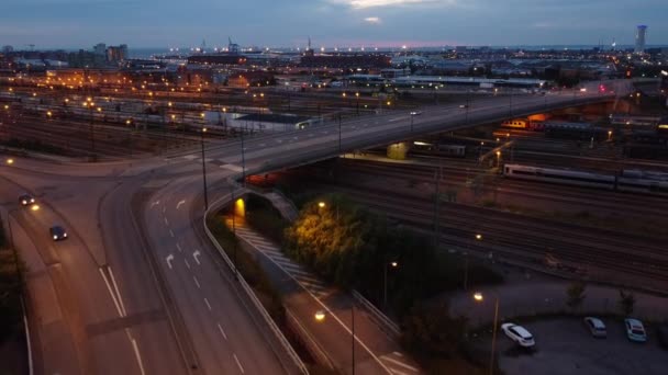 Wide Drone Flight Dusk Traffic Bridge City Malmo Scania Sweden — Video Stock