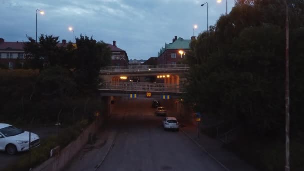 Wide Drone Flight Dusk Road Bridges City Malmo Scania Sweden — Stockvideo