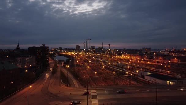 Wide Drone Flight Night Descending Traffic Bridge City Malmo Scania — Stok Video