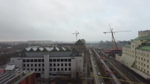 Wide Drone Flight Rising City Malmo River Road Construction Cranes — Αρχείο Βίντεο