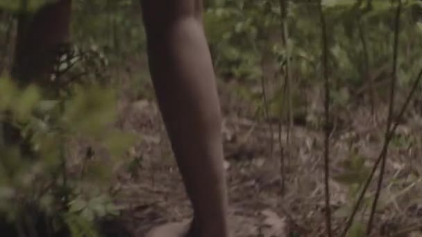 Low Angle Close Handheld Tracking Shot Barefoot Man Woman Walking — Vídeos de Stock