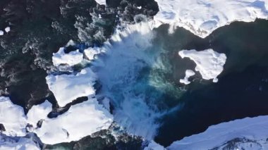 overhead drone zooming in on godafoss waterfall and Skjalfandafljot river, iceland