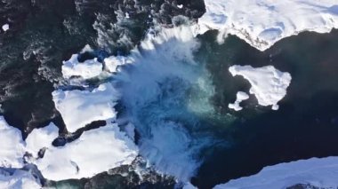 overhead drone zooming out on godafoss waterfall and Skjalfandafljot river, iceland