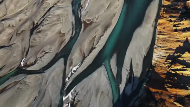 Wide Overhead Drone Flight Hvannagil Estuary Iceland — стокове відео