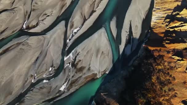 Wide Overhead Drone Flight Hvannagil Estuary Iceland — 비디오