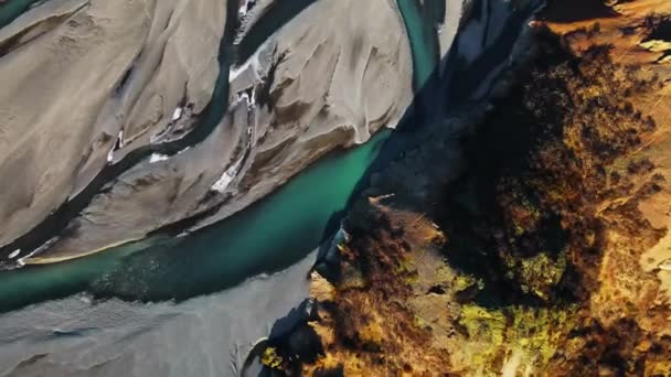 Wide Overhead Drone Flight Hvannagil Estuary Canyon Iceland — ストック動画