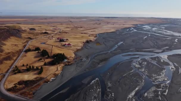 Wide Drone Flight Panning Hvannagil Estuary Iceland — Stockvideo