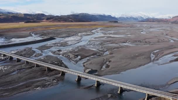 Wide Drone Flight Pulling Back Bridge Hvannagil Estuary Iceland — Video Stock